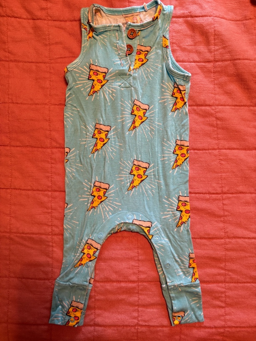 Posh Peanut Bamboo Blue Pizza-Print Sleeveless Baby One-Piece Romper